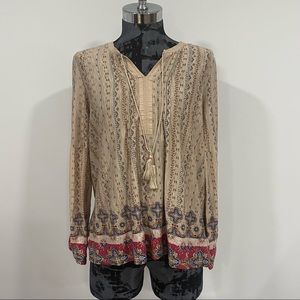 Vintage America Beige Floral Boho Peasant Blouse